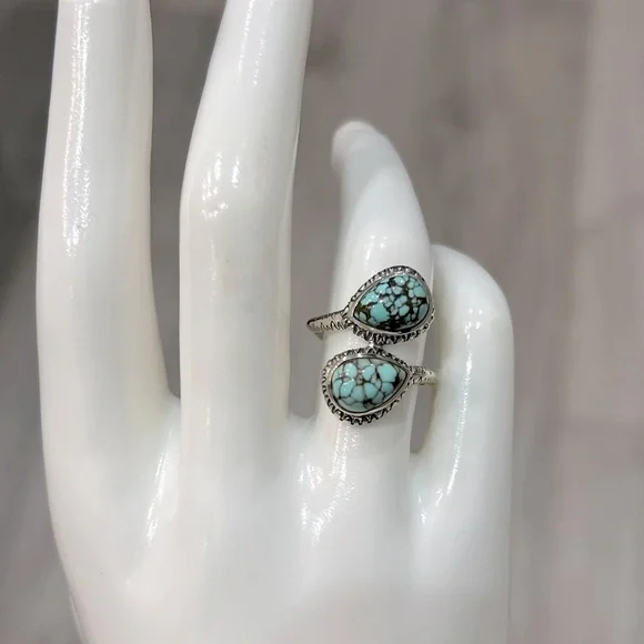Blue Moon Turquoise Teardrop Black Oxidized Sterling Silver Bypass Silver Ring - Picture 2 of 9